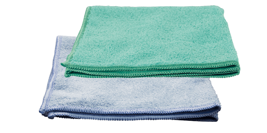 Two 12”x12” microfiber towels, green/blue, to clean and maintain glass ...