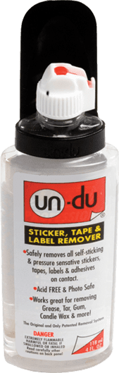Un-Du - Adhesive Remover  Un-Du is an amazing product that can be used to  quickly and effectively remove adhesive labels or stickers - and even  bubble gum! Un-Du is acid and